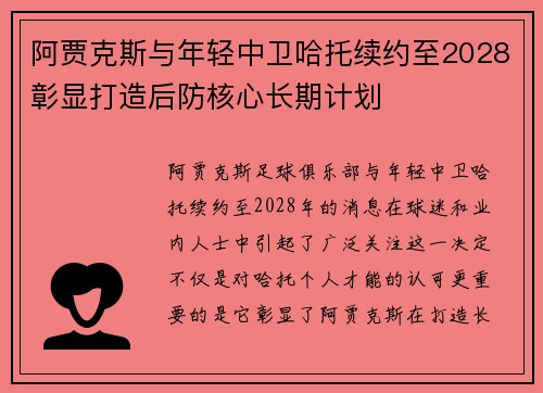 阿贾克斯与年轻中卫哈托续约至2028彰显打造后防核心长期计划